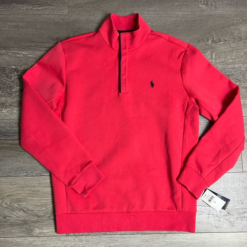 NWT Polo Ralph Lauren Men's Large Salmon Red Fleece 1/4 Snap Pullover Sweater M